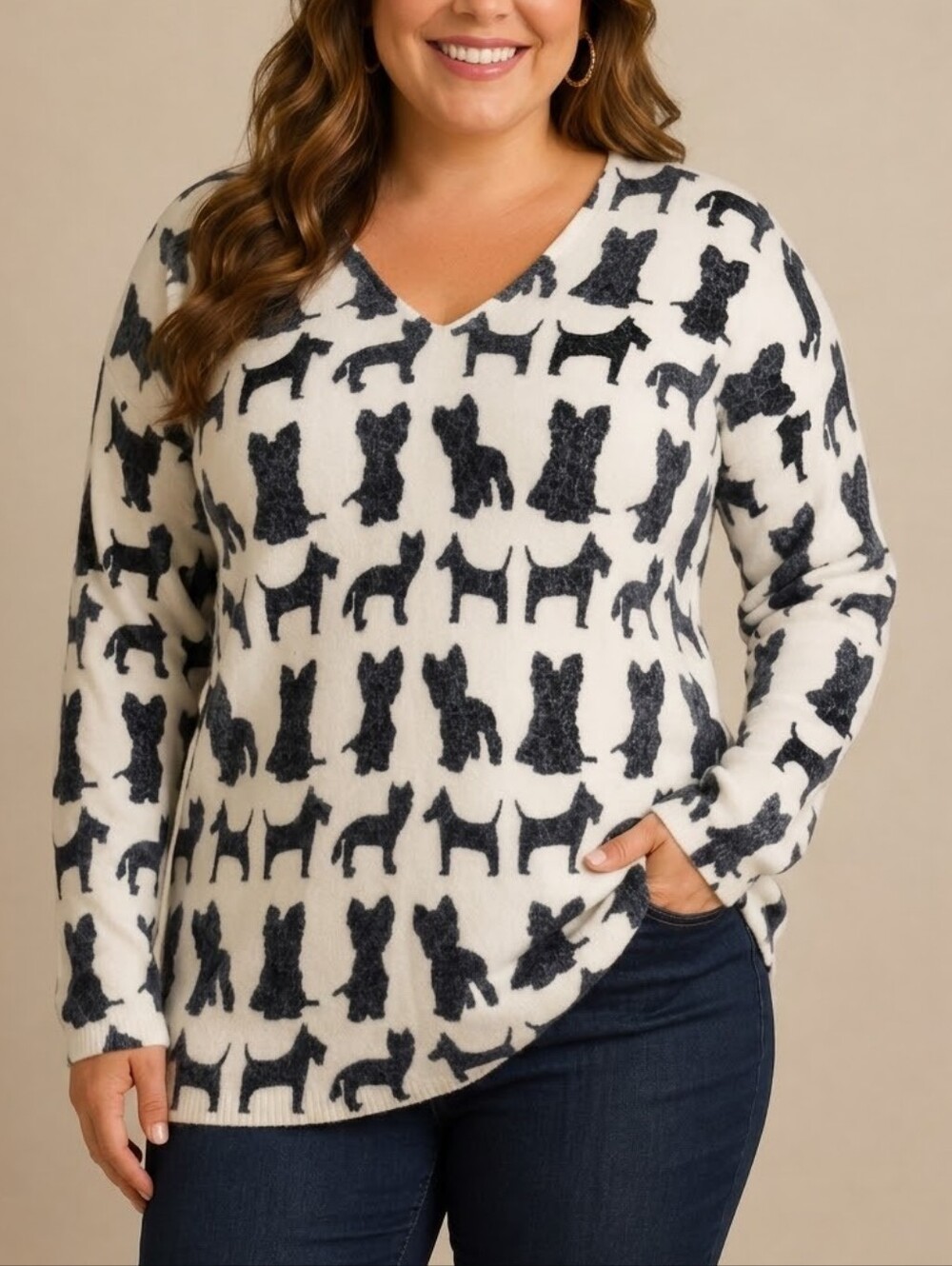 Tricotto Dog Sweater White Black Size XXL Women's 2XL V-Neck Long Sleeve Terrier